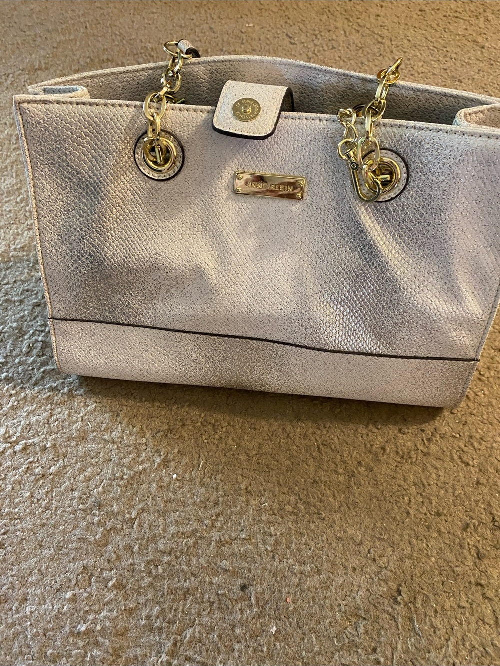 Anne Klein Shimmery White and Silver Tote with Gold Chain Handles